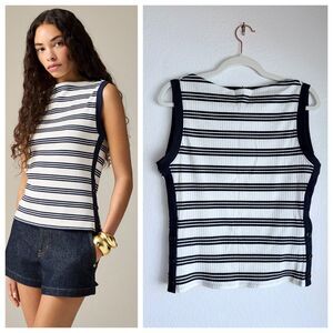 NWT J.Crew Women's Premium Rib Side-Button Tank Top in Ivory & Navy Stripe Sz M